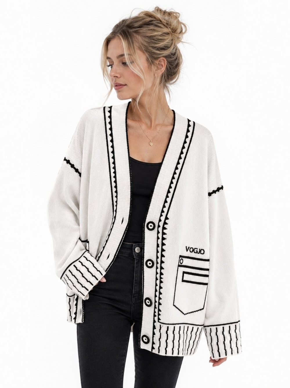 Womens Oversized White Black Graphic Cardigan Sweater Loose Fit One Size
